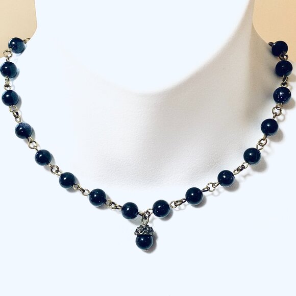 Dark Blue Goldstone Bronze Link Adjustable Short Necklace w/ Cute Acorn Pendant - Picture 2 of 15